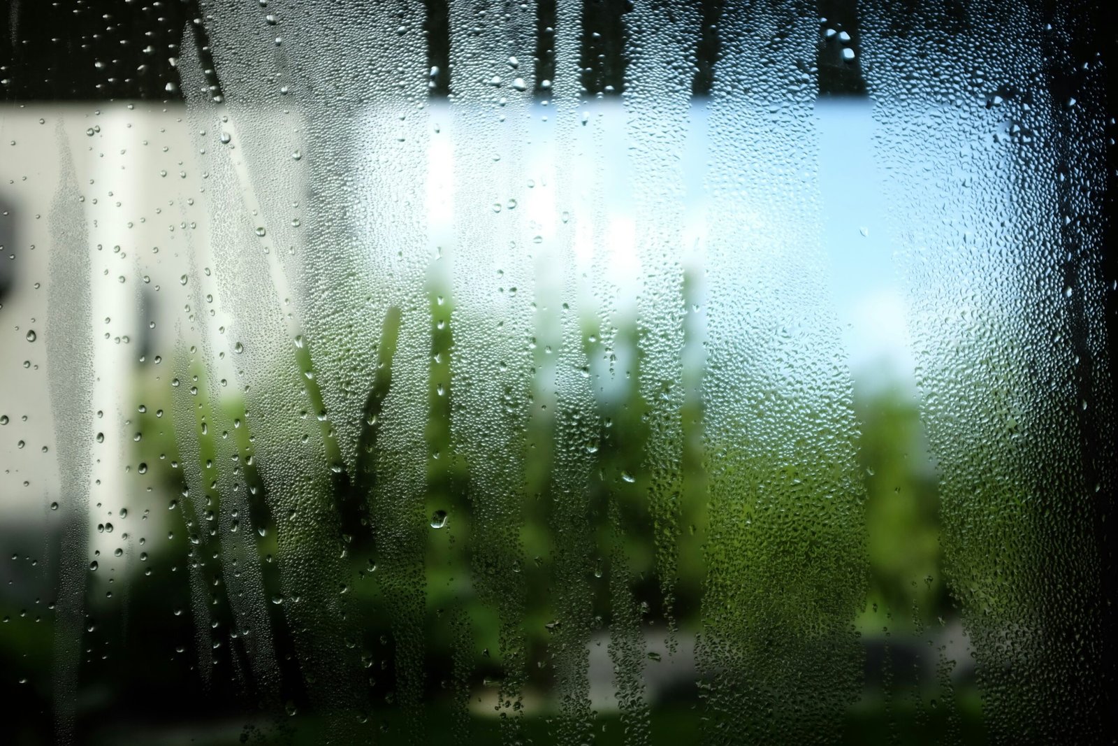 Fensterscheibe mit Kondenswasser auf der Innenseite eines Fensters